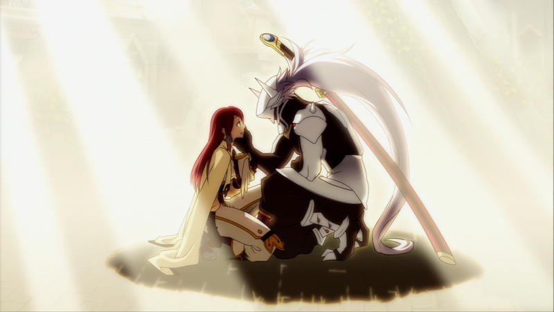 a screenshot of (presumably) Hakumen sitting with a red-haired person